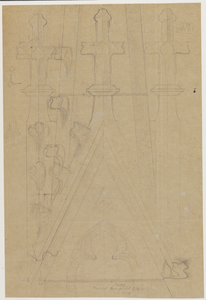 217032 Opstand van het ontwerp voor de pinakels langs de balustrade van de lantaarn van het koor van de Domkerk te Utrecht.